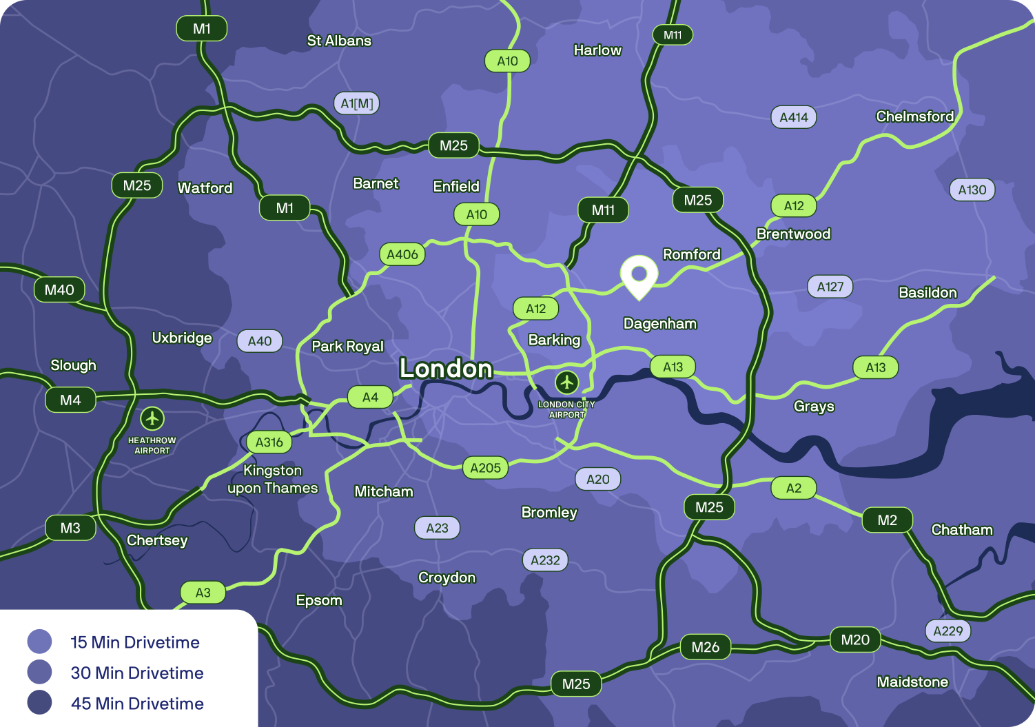 Drivetime map showing 15, 30 and 45 minute catchments around Vertex across London, the M25 and the wider South East