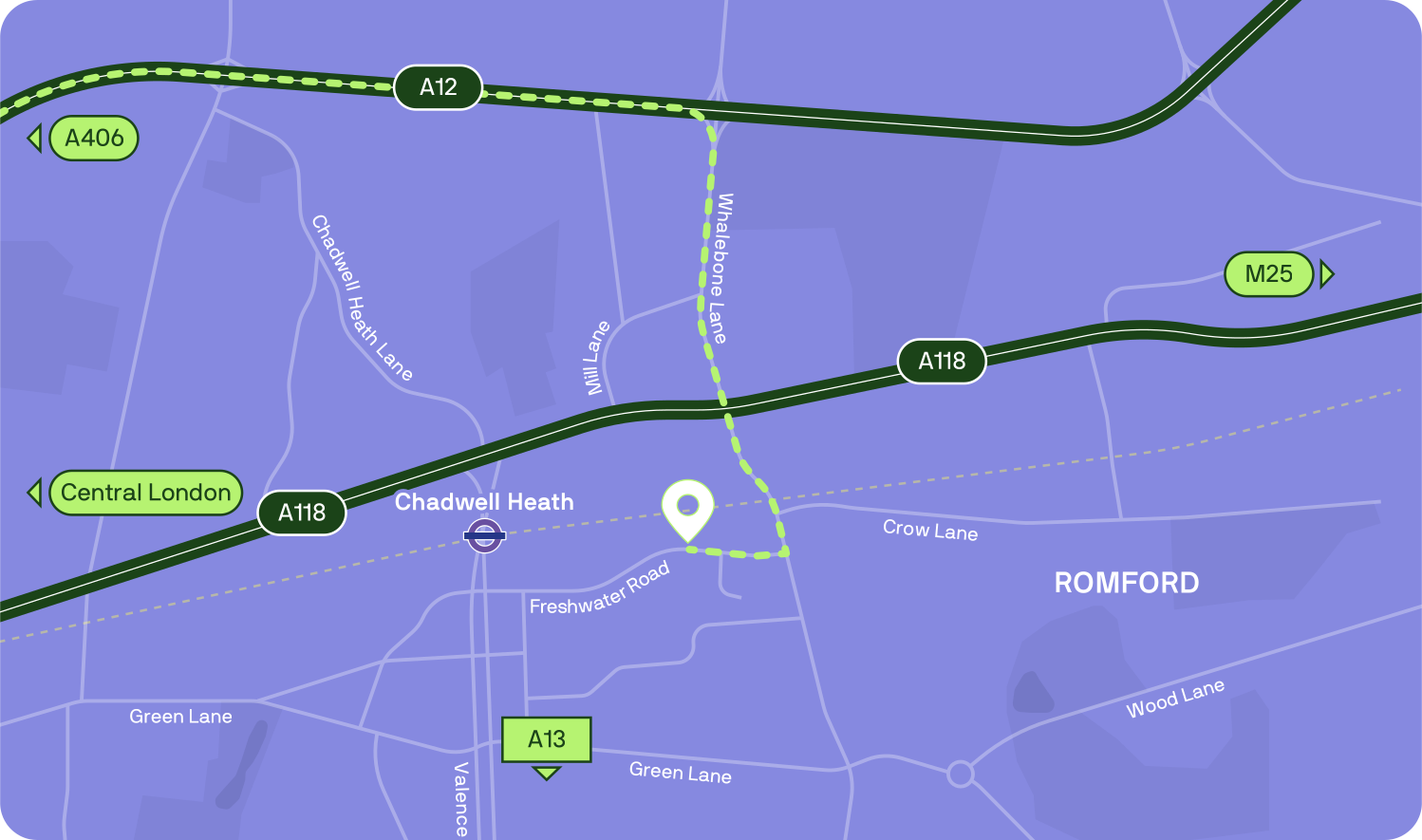 Local map showing Vertex off Selinas Lane between the A12 and A118 at Chadwell Heath, with Romford to the east and Central London to the west
