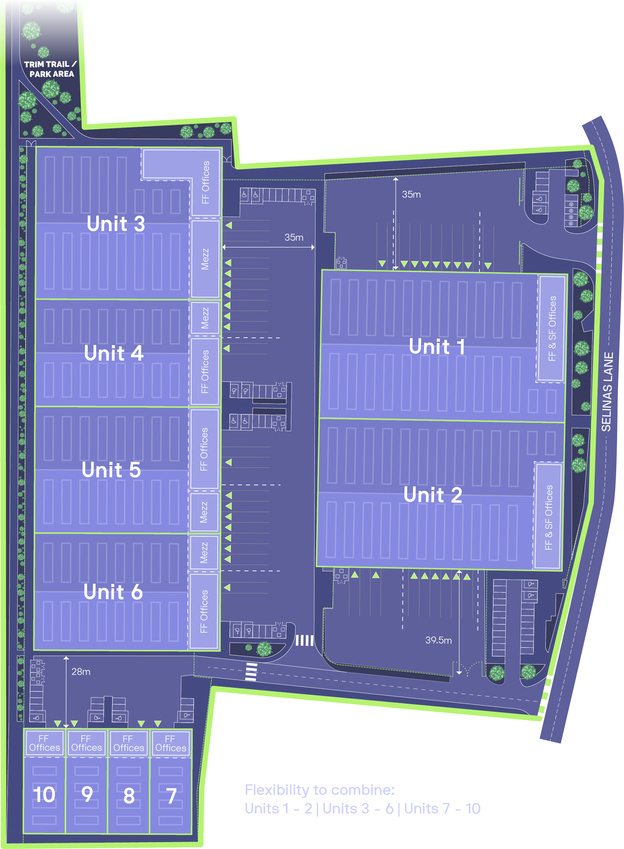 Site plan of Vertex showing Units 1 and 2 fronting Selinas Lane, Units 3 to 6 in the western terrace with first floor offices and mezzanines, Units 7 to 10 in the southern terrace, and the trim trail and park area to the north